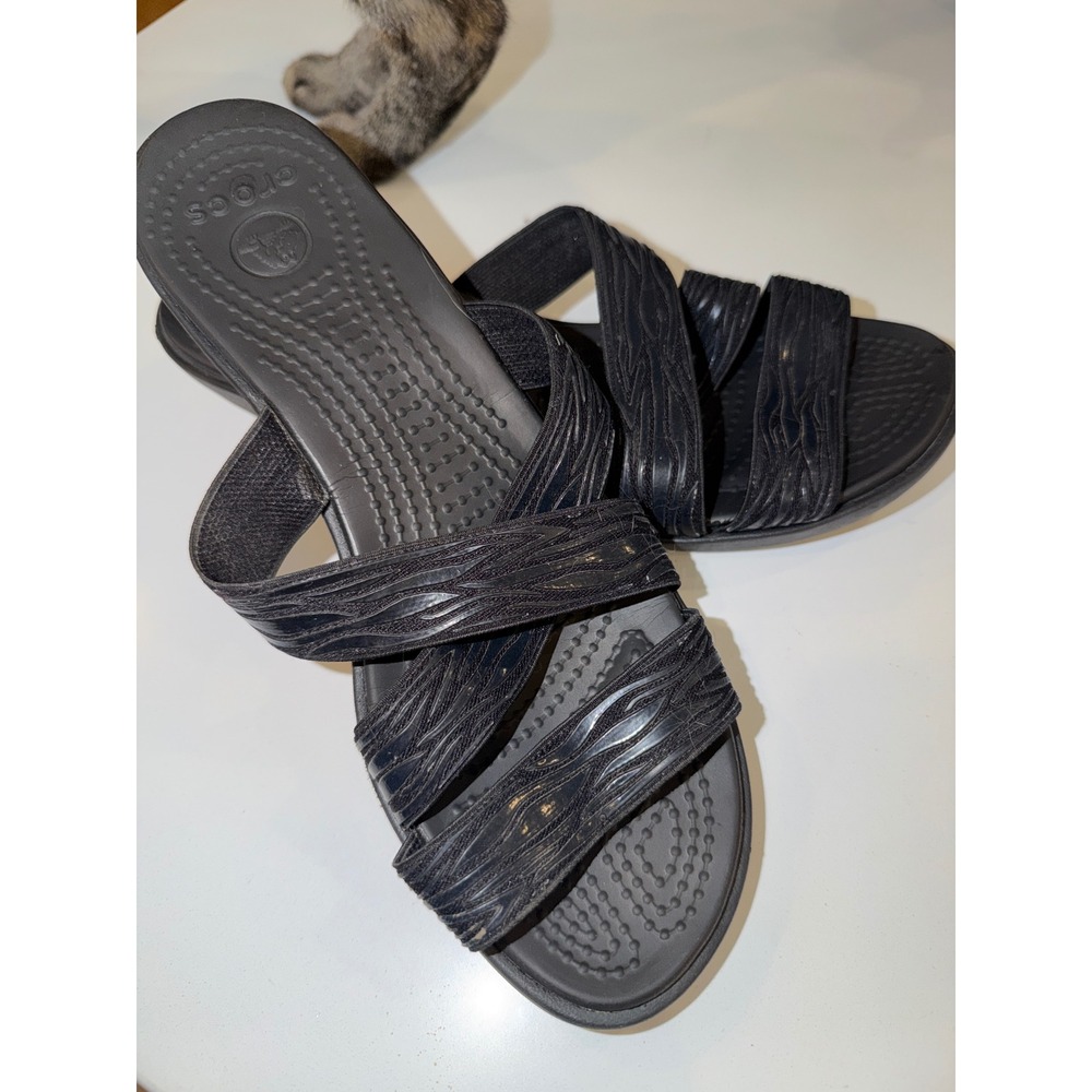 Crocs Patricia Black Wedge Sandals Womens Size 8 Multi Strap Slide Comfort Shoes